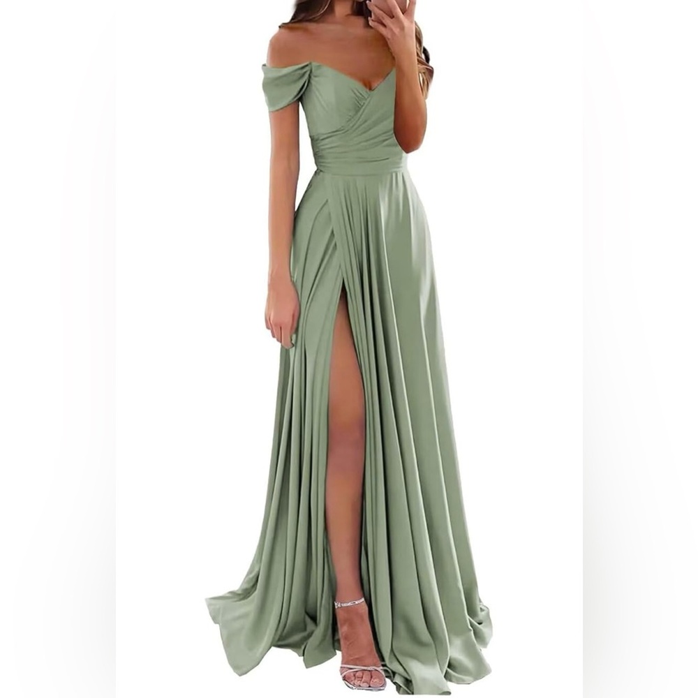 Elegant Off-Shoulder Satin Dusty Sage Green Dress